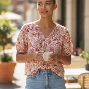Knox Rose XL Pink & Orange Floral‎ Blouse Boho Cottagecore Peasant Top V-Neck